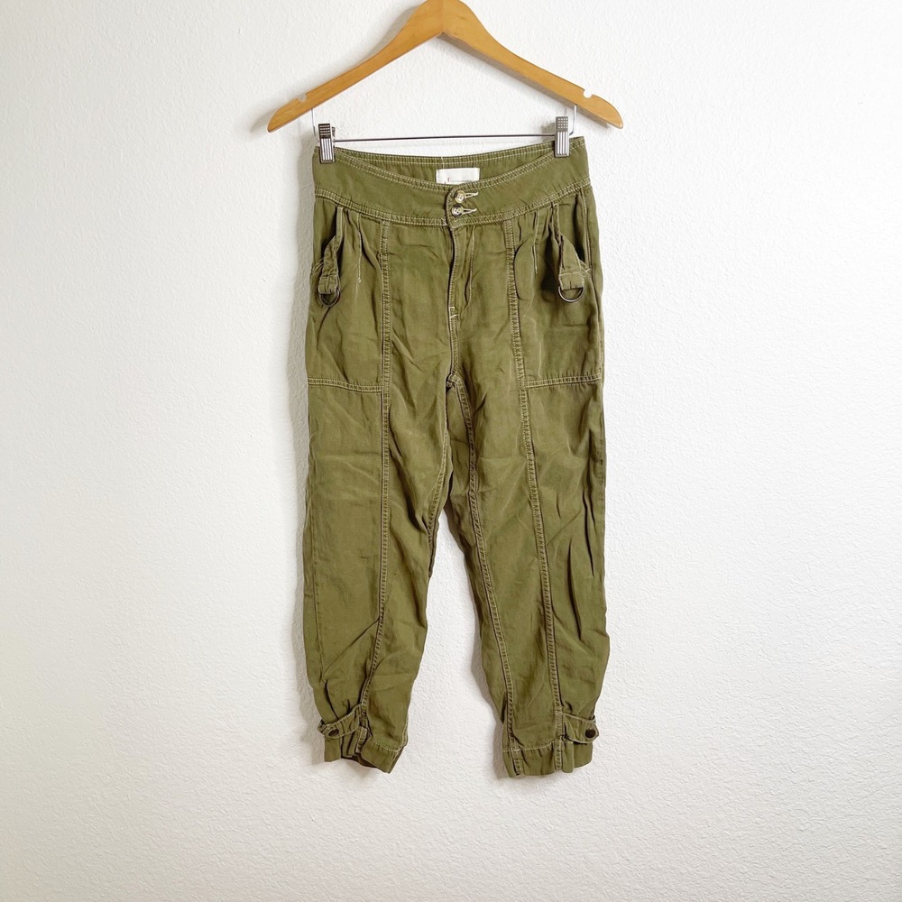 Anthropologie Olive Green Utility Jogger Pants Contrast Stitch D-Ring Cuffs Sz 2